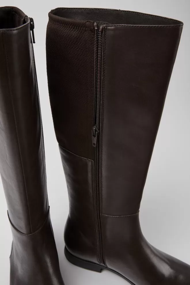 Zapatos Planos<Camper Botas Altas Marron Oscuro De Piel Y Tejido Para Mujer