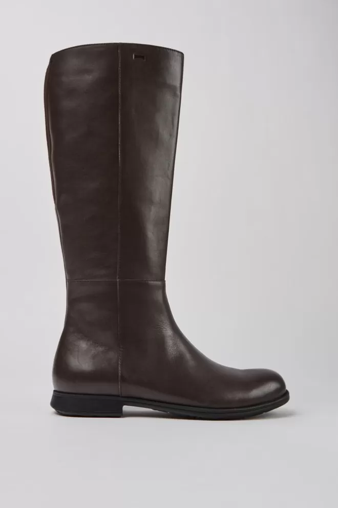 Zapatos Planos<Camper Botas Altas Marron Oscuro De Piel Y Tejido Para Mujer