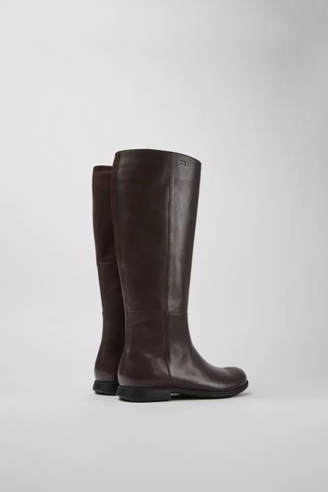 Zapatos Planos<Camper Botas Altas Marron Oscuro De Piel Y Tejido Para Mujer