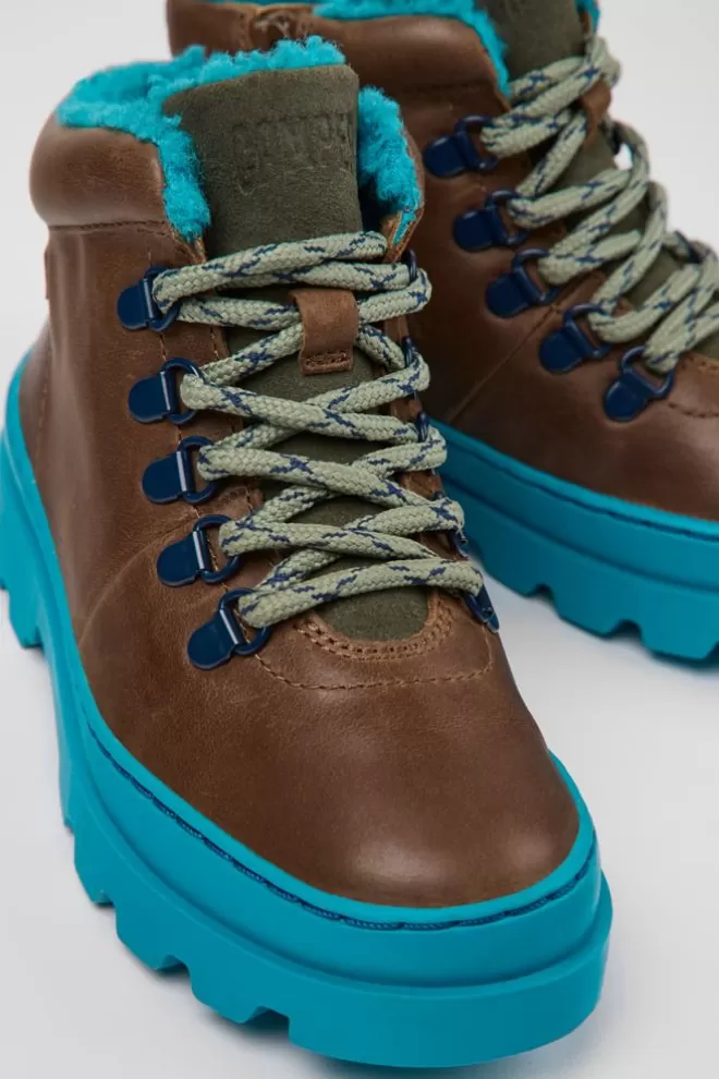 Zapatos De Cordones<Camper Botines Marrones De Piel Y Tejido Para Ninos