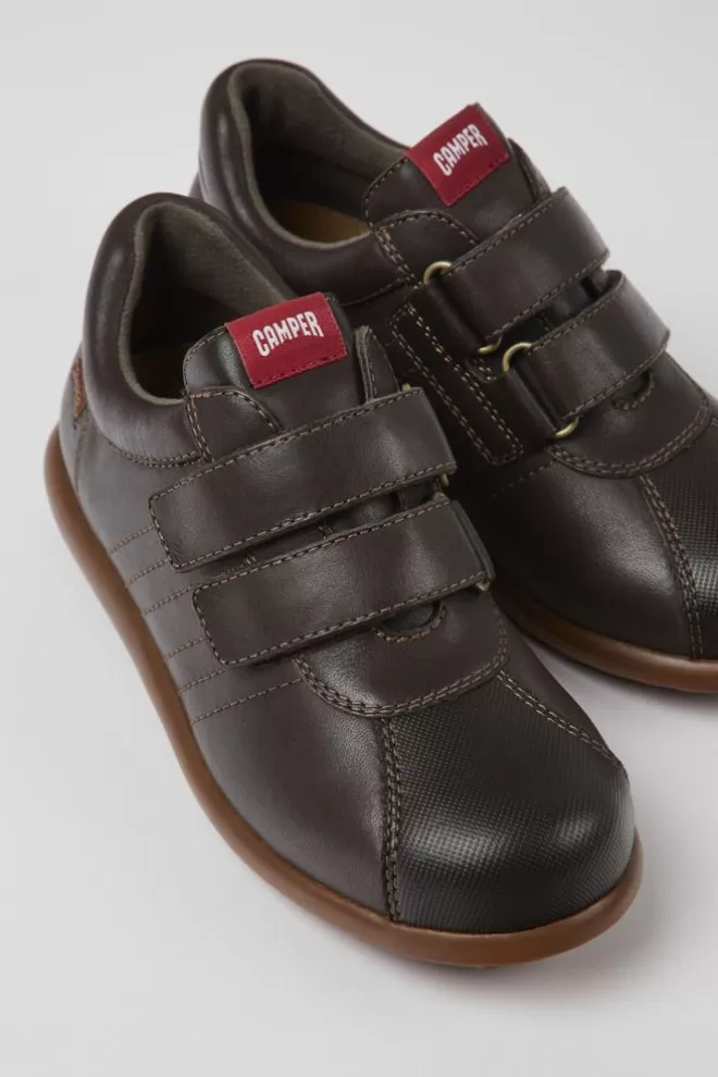 Autocierre<Camper Zapatos Marron Oscuro De Piel Y Tejido Para Ninos